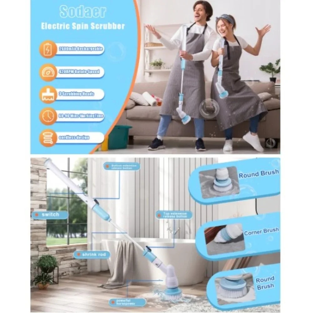 Cordless Electric Spin Scrubber - Shower/Bathroom /Floor with Extension Arm